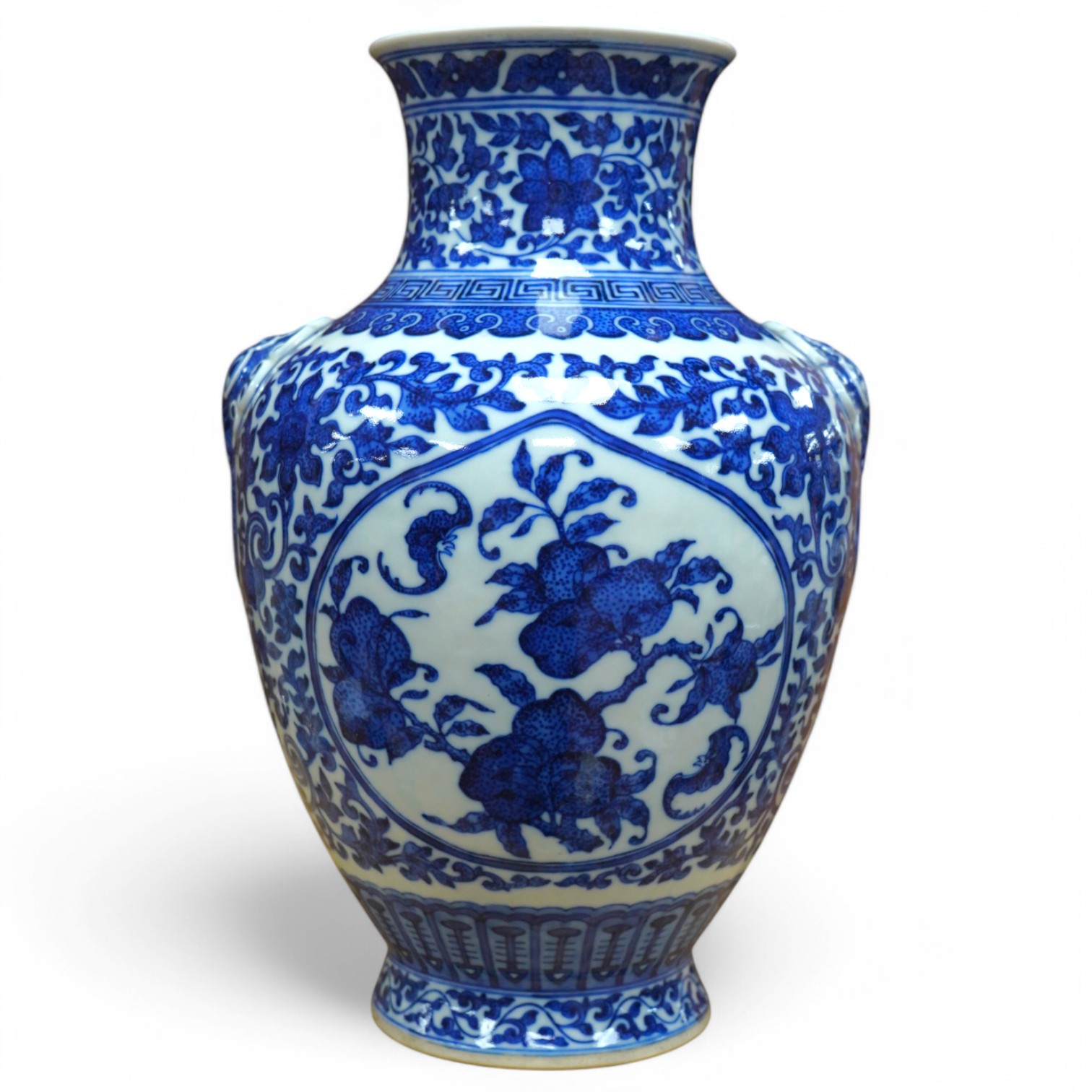 A Chinese blue and white 'peaches' vase, Qianlong mark but later, 27cm high. Condition - good